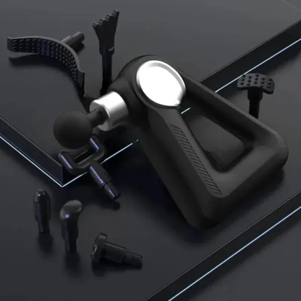 Triangular facial gun massage device with multiple heads