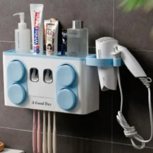 wall mounted bathroom organizer with toothpaste dispenser and cups for modern bathrooms in UAE