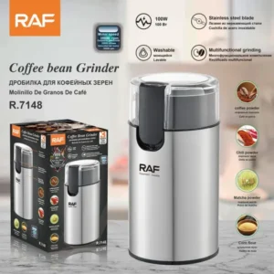 RAF electric coffee bean grinder with stainless steel body and transparent top cover